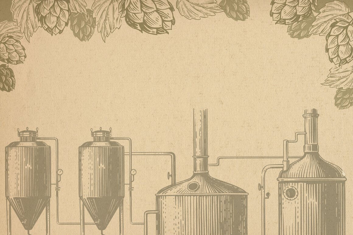 Illustration with hops and brewery decoration.