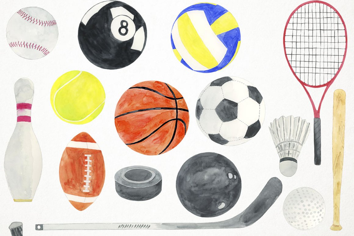 Football, basketball, volleyball, American football and other balls.