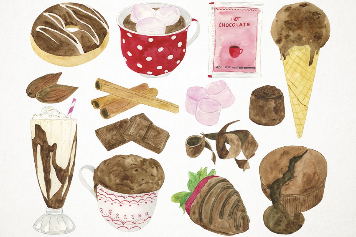 Various food products with chocolate.