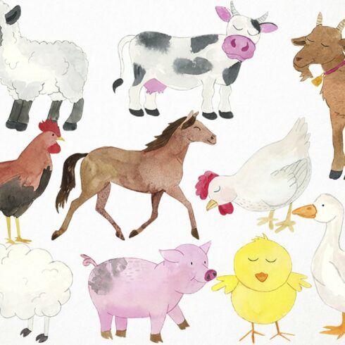 Watercolor Farm Animals Clipart | Master Bundles