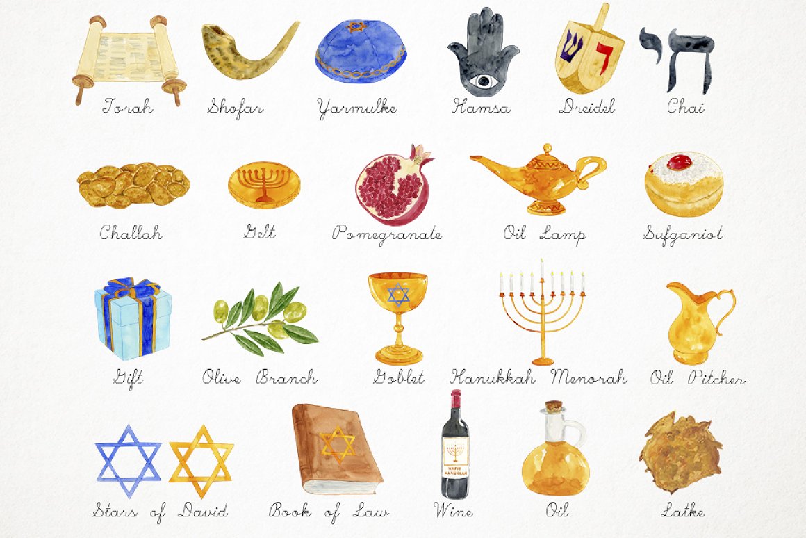 Various pictures on the theme of Hanukkah.