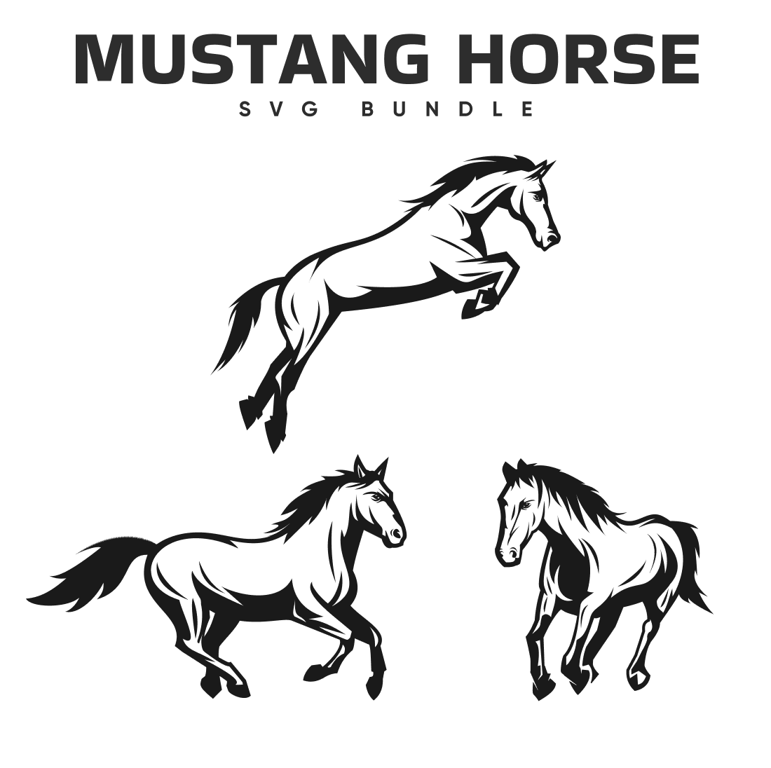 Three horses running in different directions on a white background.