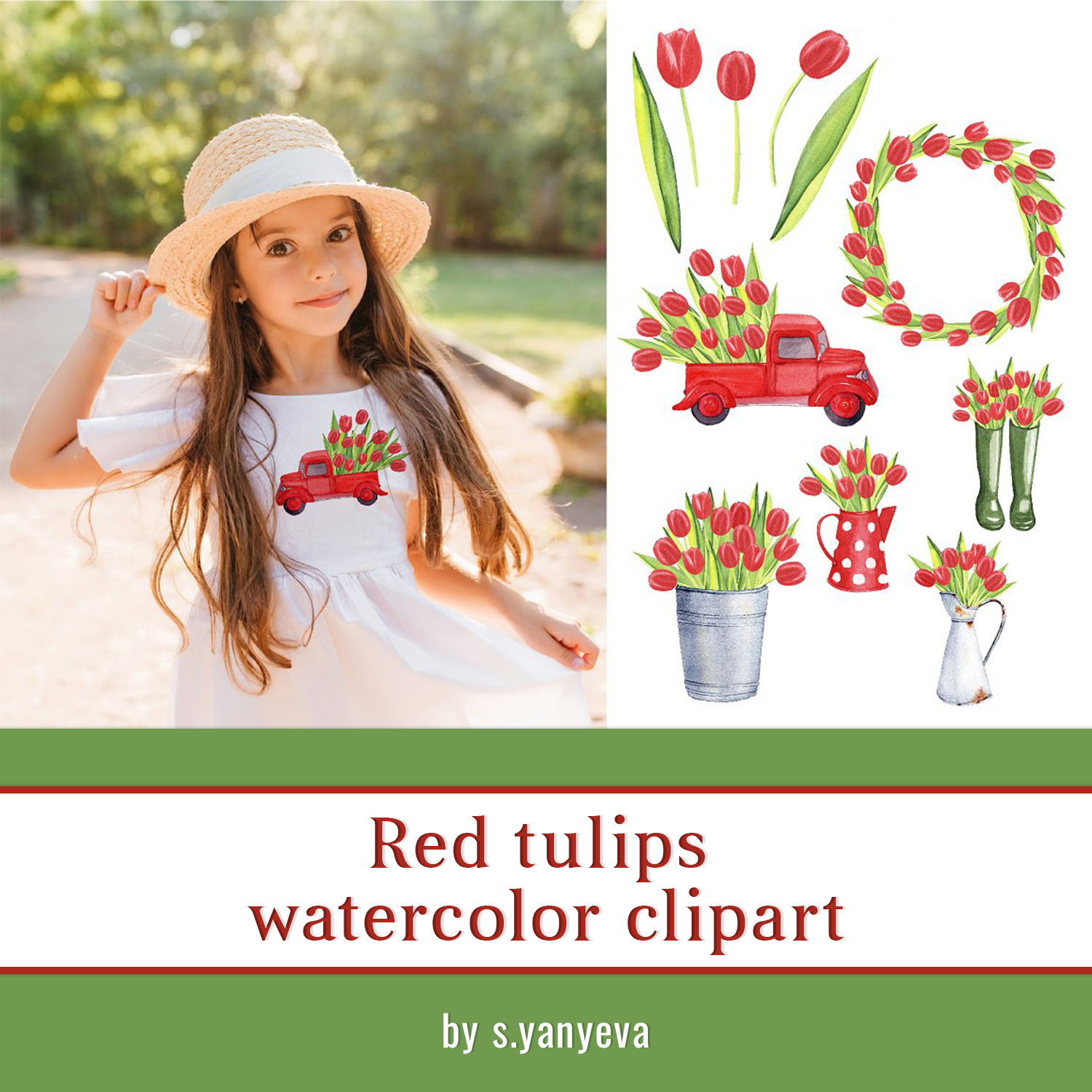 Prints of red tulips watercolor clipart.