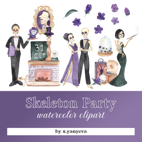 Prints of skeleton party watercolor clipart.