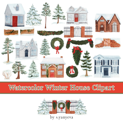 Prints of watercolor winter house clipart.