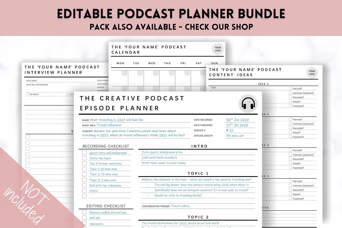 20 page podcast media kit, editable podcast planner bundle.