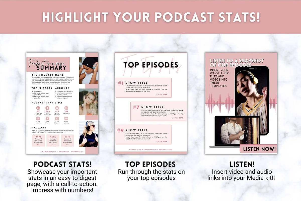 20 page podcast media kit, highlight your podcast stats.