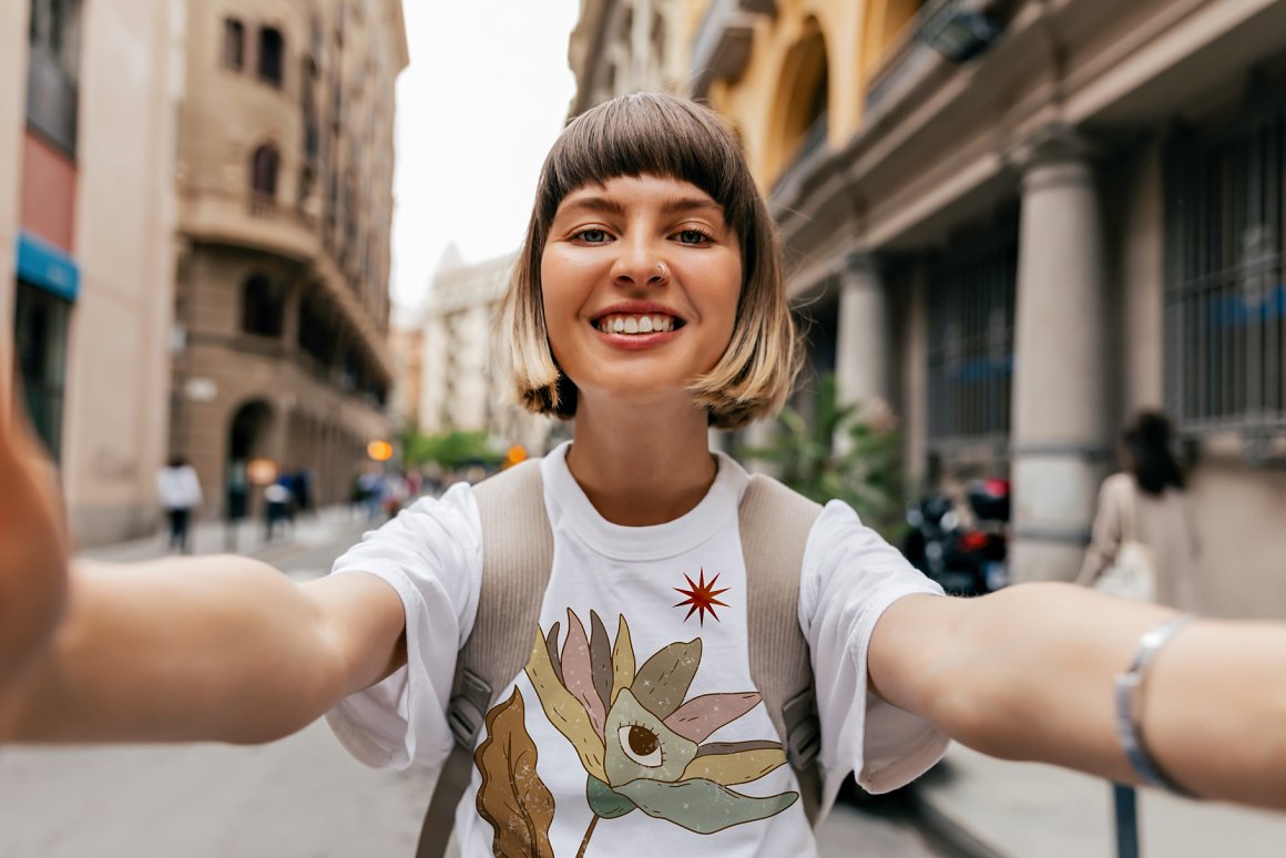 A girl in a T-shirt with a print.