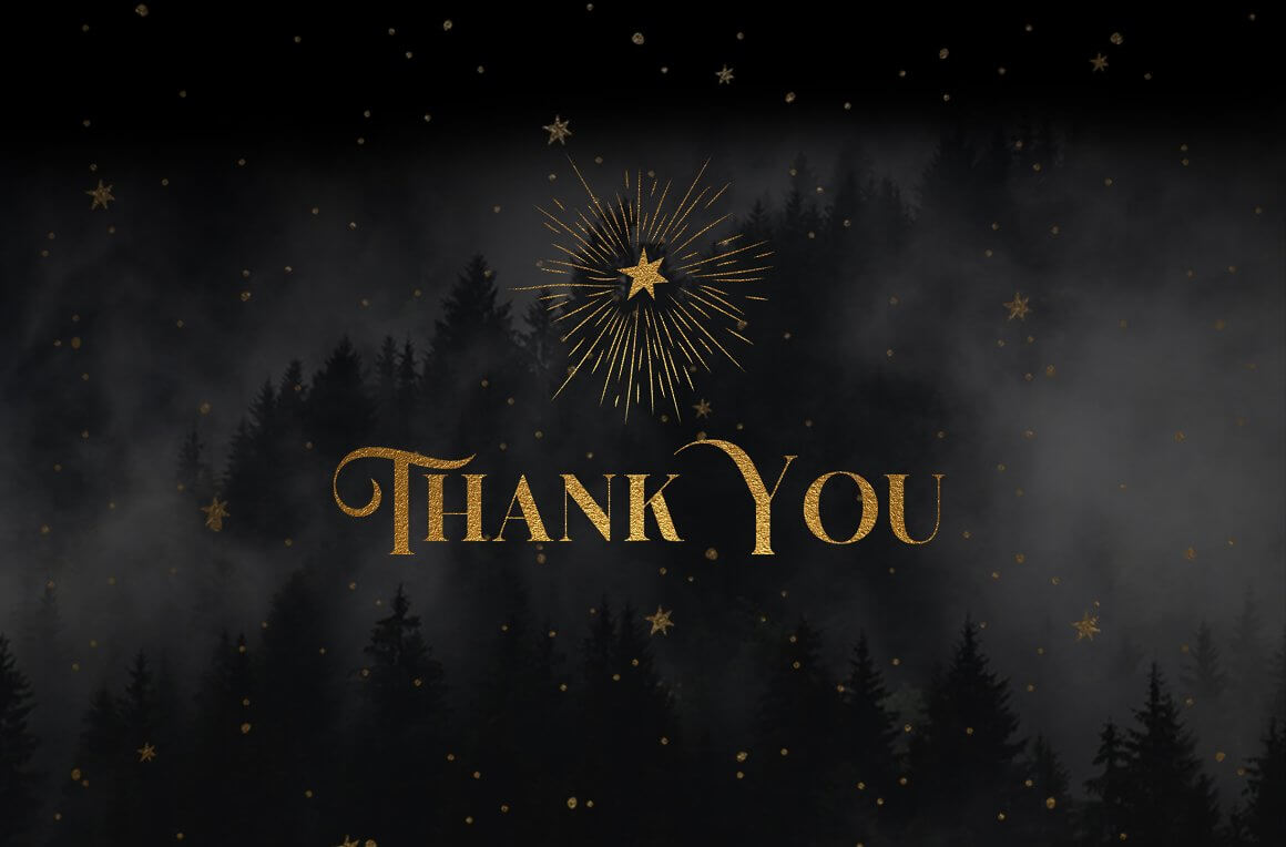 The last slide with a mystical background on which the word thank you is written.