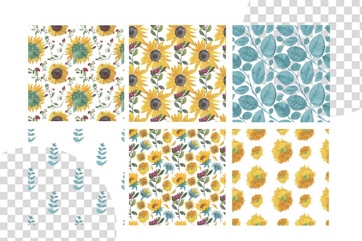 Prints with yellow sunflowers and green leaves.