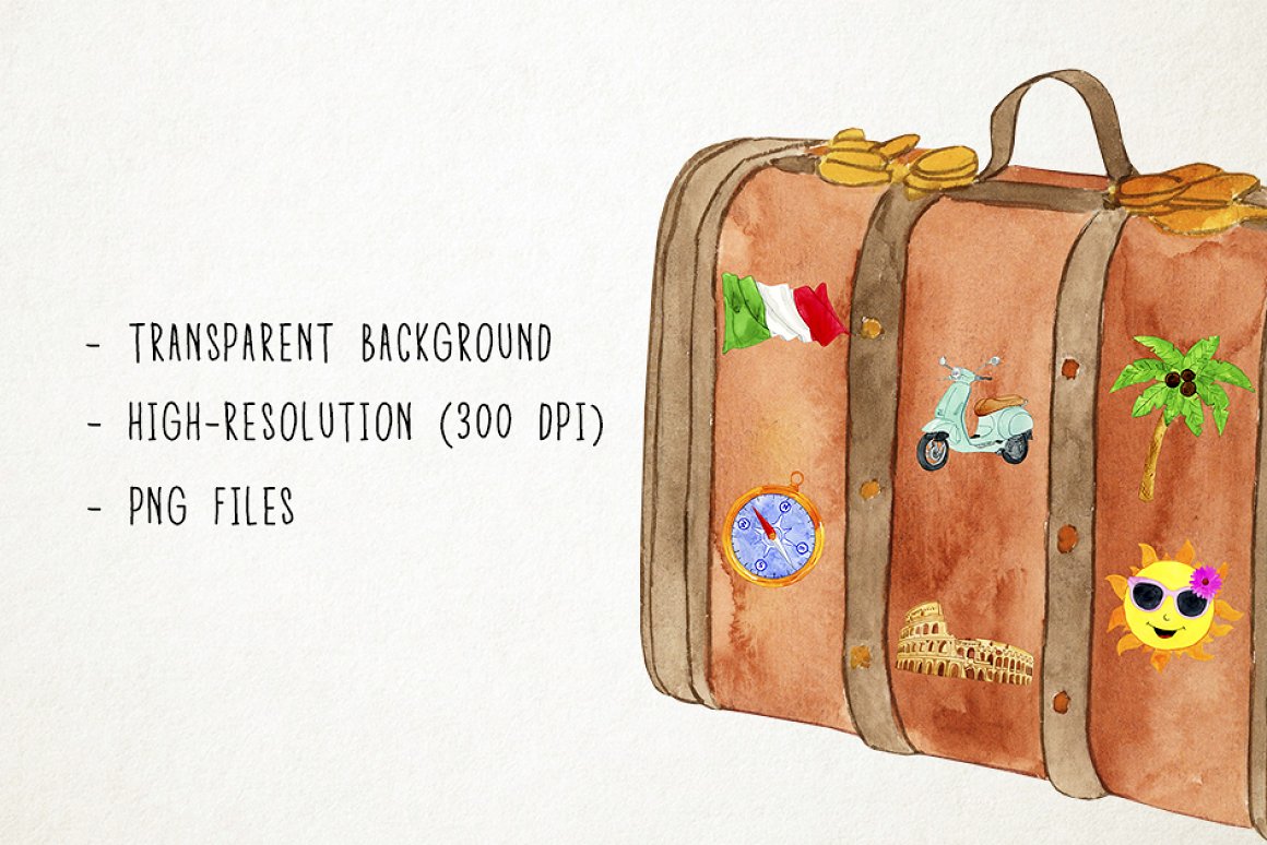 A brown suitcase for travel is drawn.