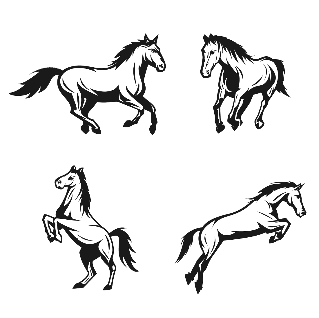 Set of four horse silhouettes on a white background.