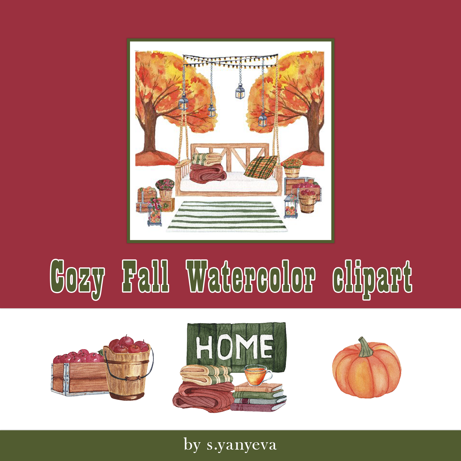 Cozy fall watercolor clipart preview.