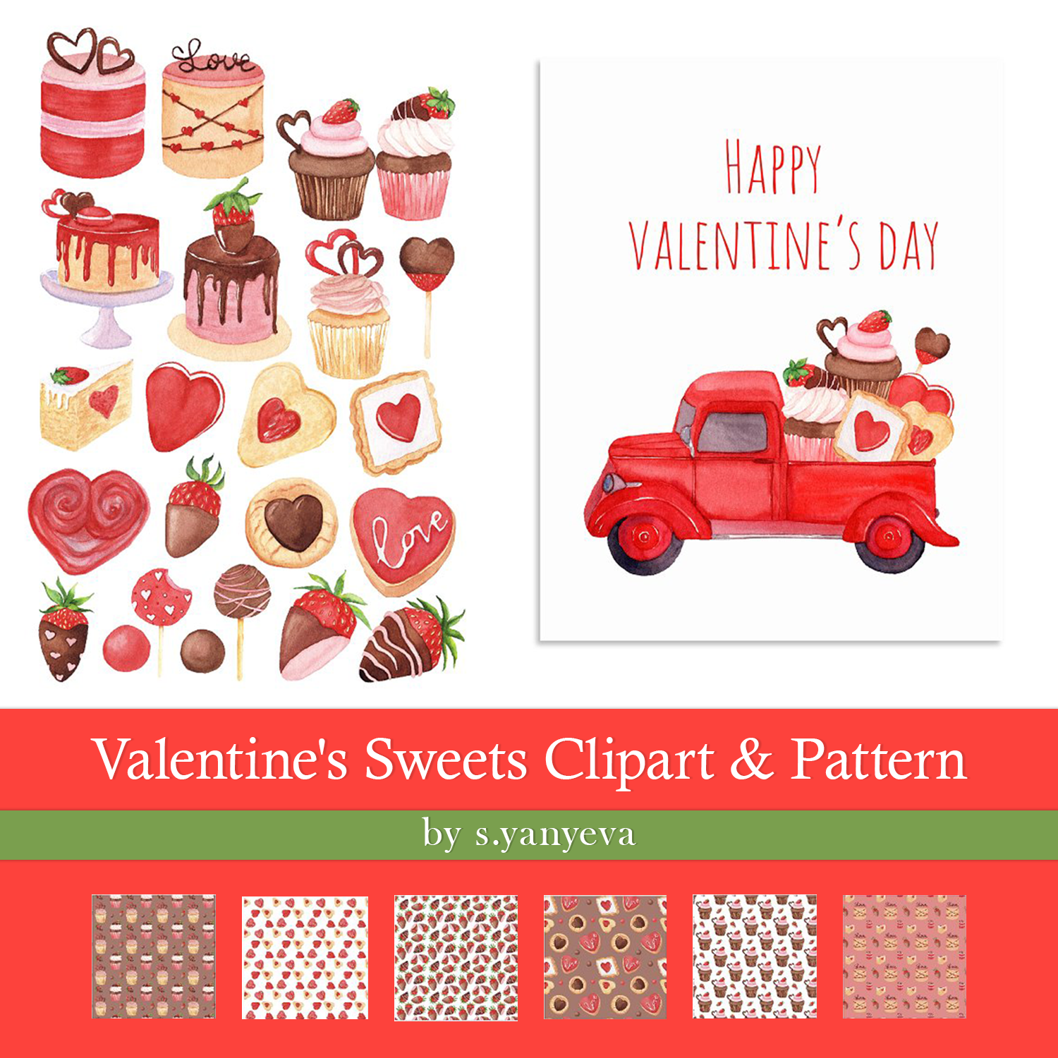 Valentines sweets clipart pattern preview.