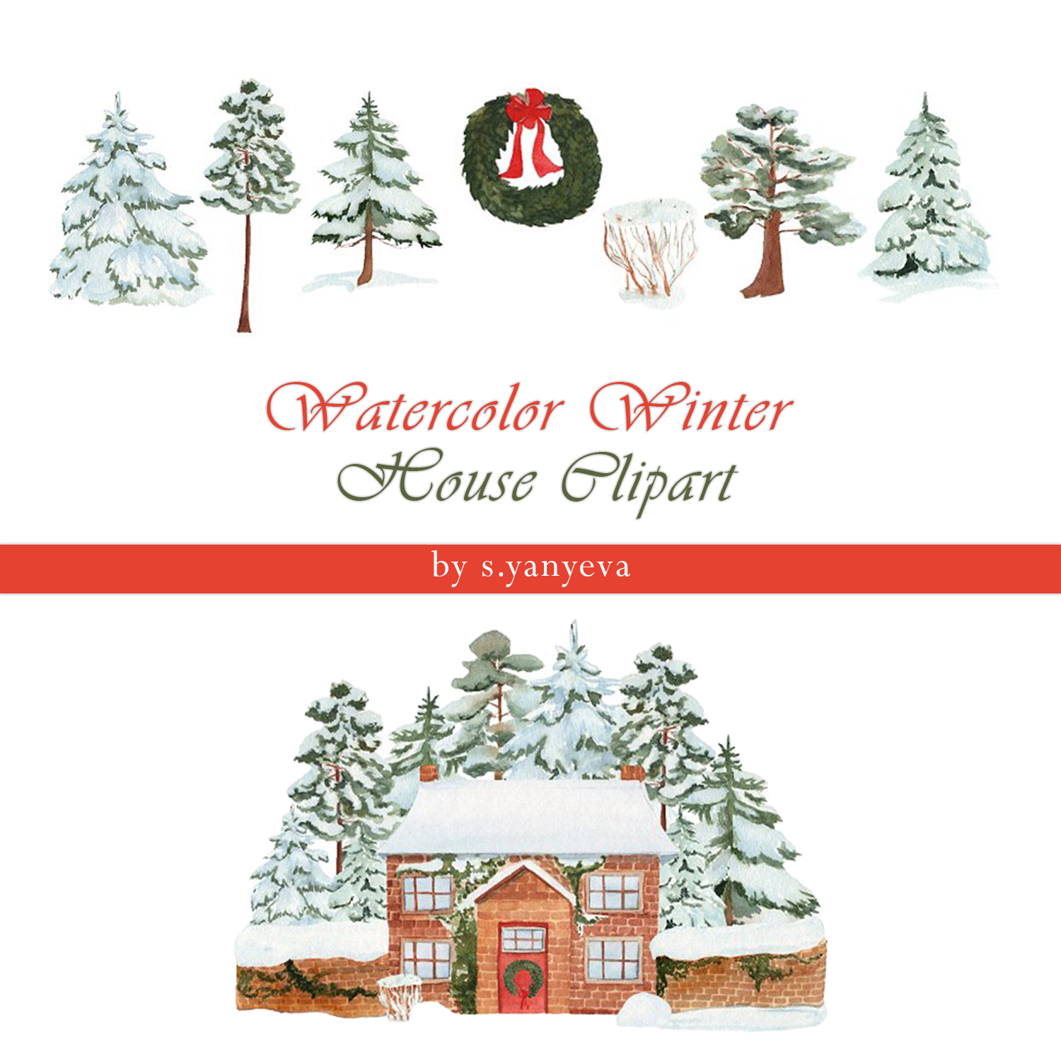 Watercolor winter house clipart preview.