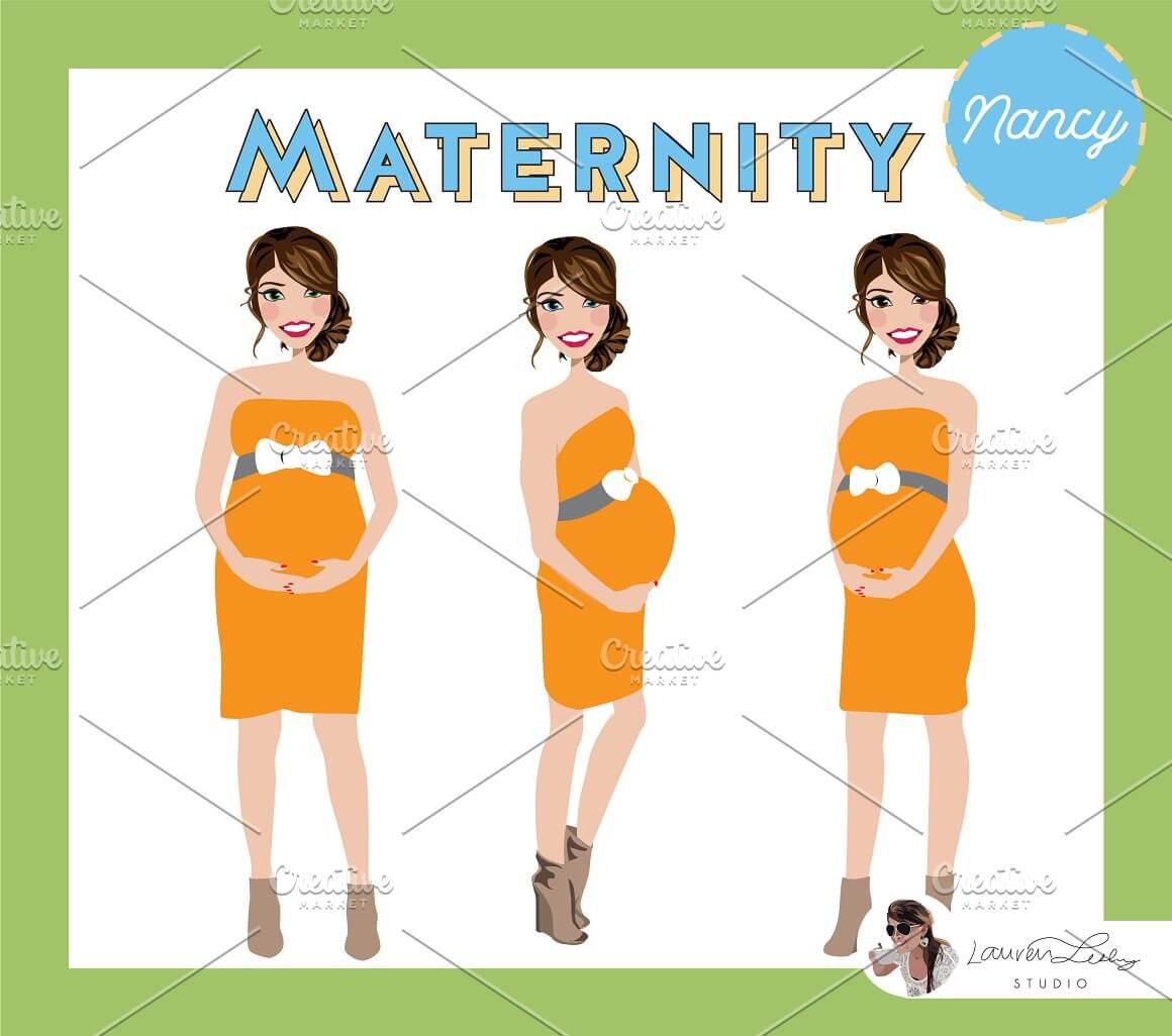 A pregnant girl is dressed in an orange dress with a white bow.