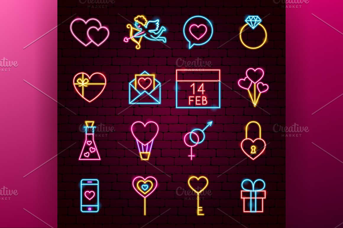Cool neon icons on red background.