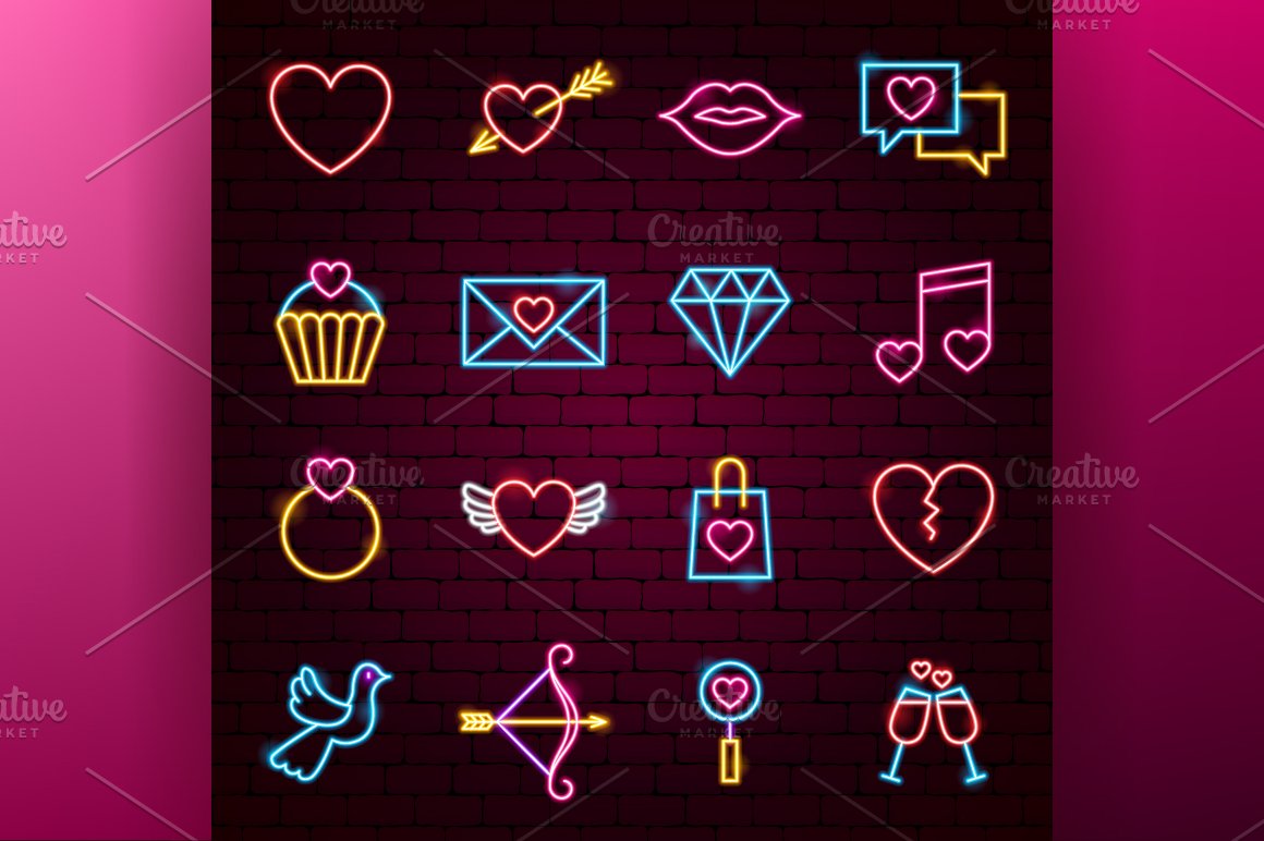 Heart, music, ruby, bow and other icons.