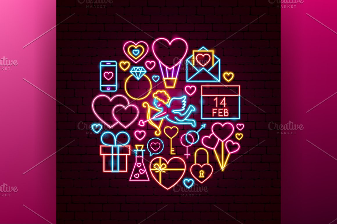 Grouped icons on the theme of Valentine's Day.