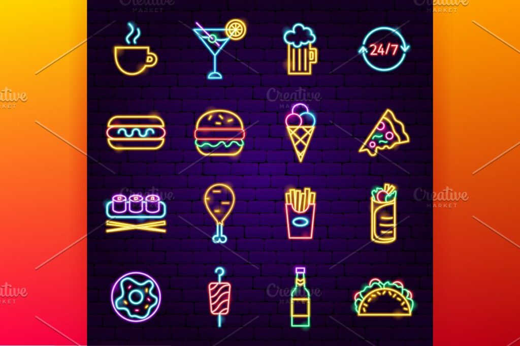 Fast Food Neon Outline Icons – MasterBundles