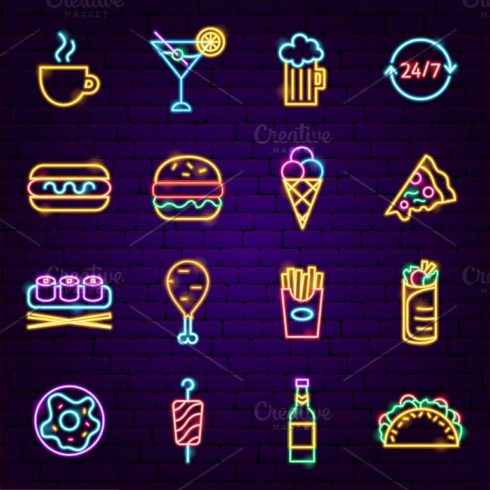 Fast Food Neon Outline Icons | Master Bundles