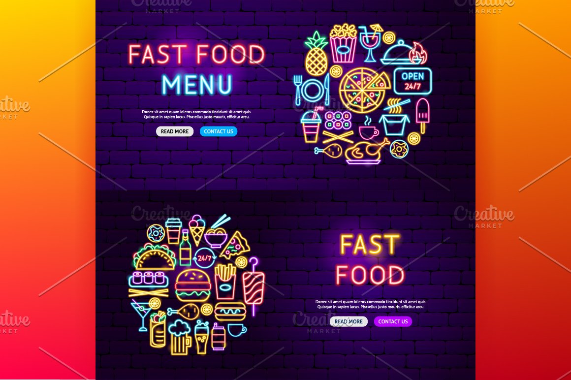 Fast food menu in a neon sign.