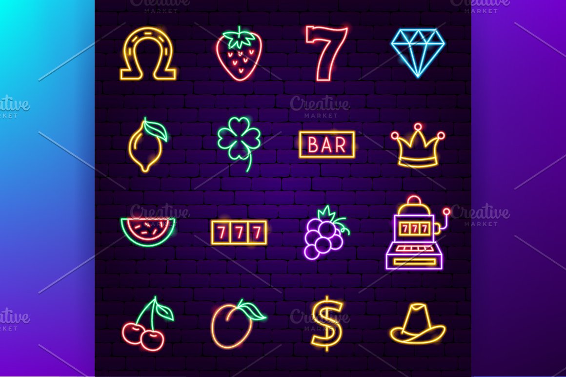 Retro casino icons in neon.