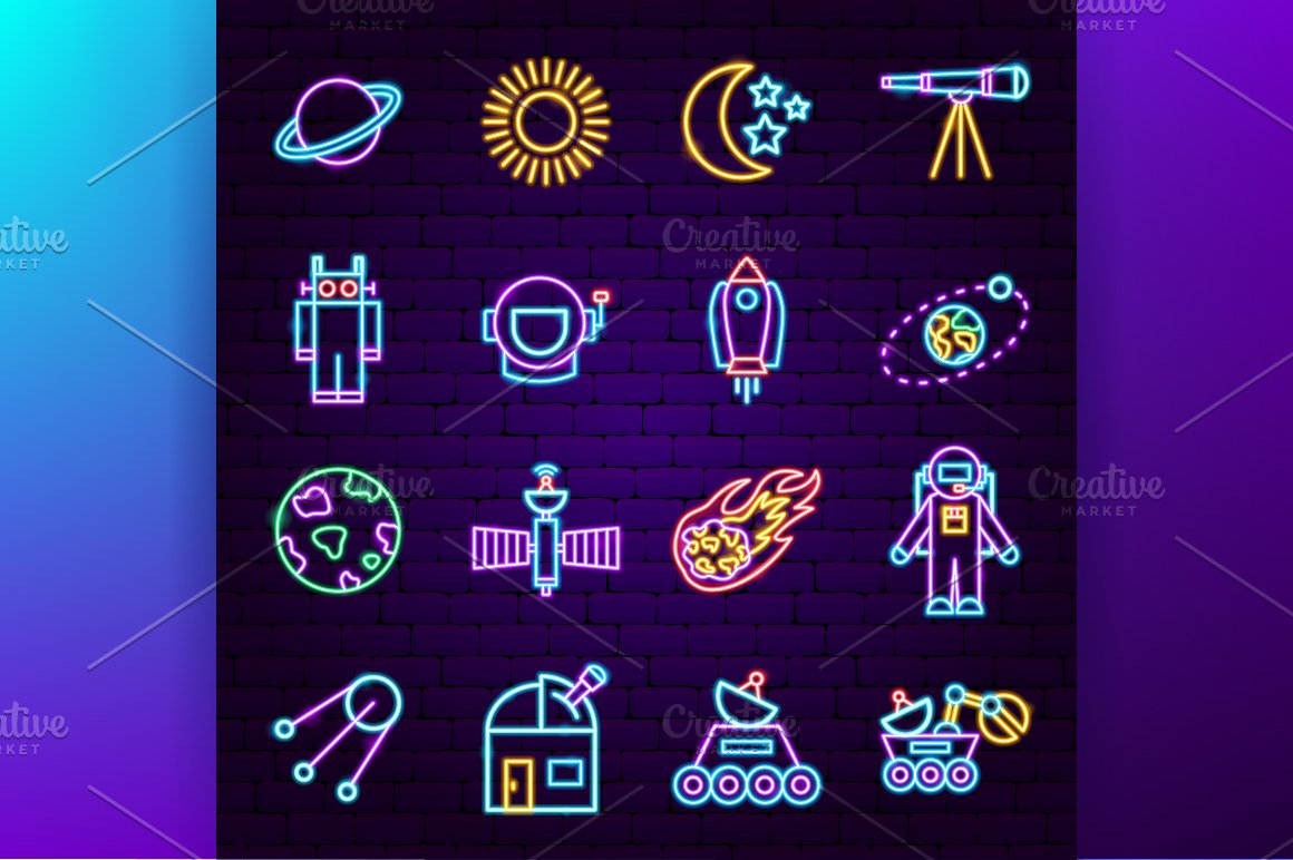 Space objects in neon style.