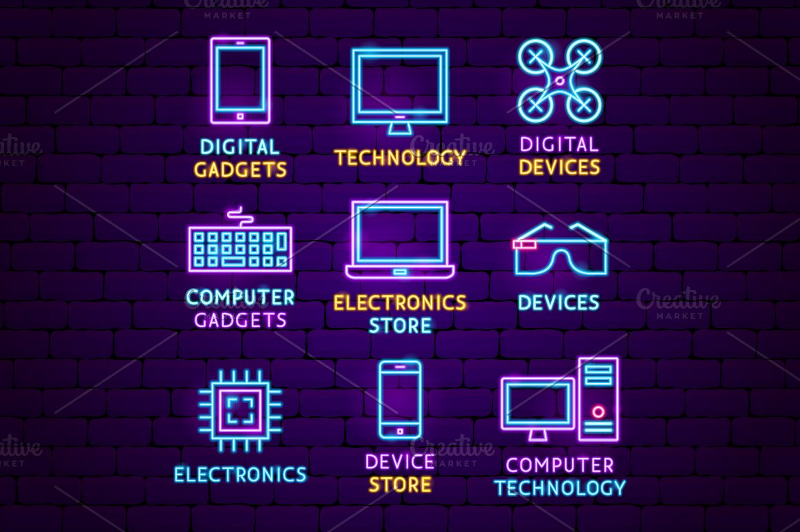 A unique presentation of neon gadget icons.