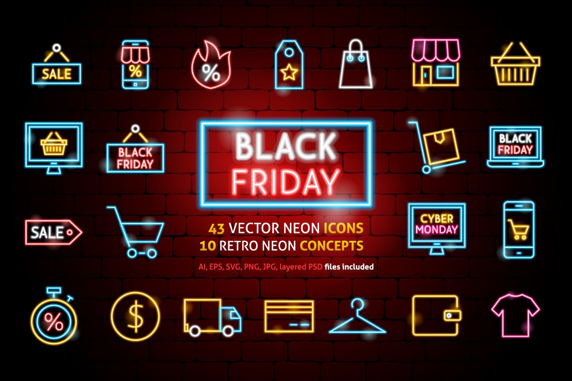 Black Friday icons on red background.