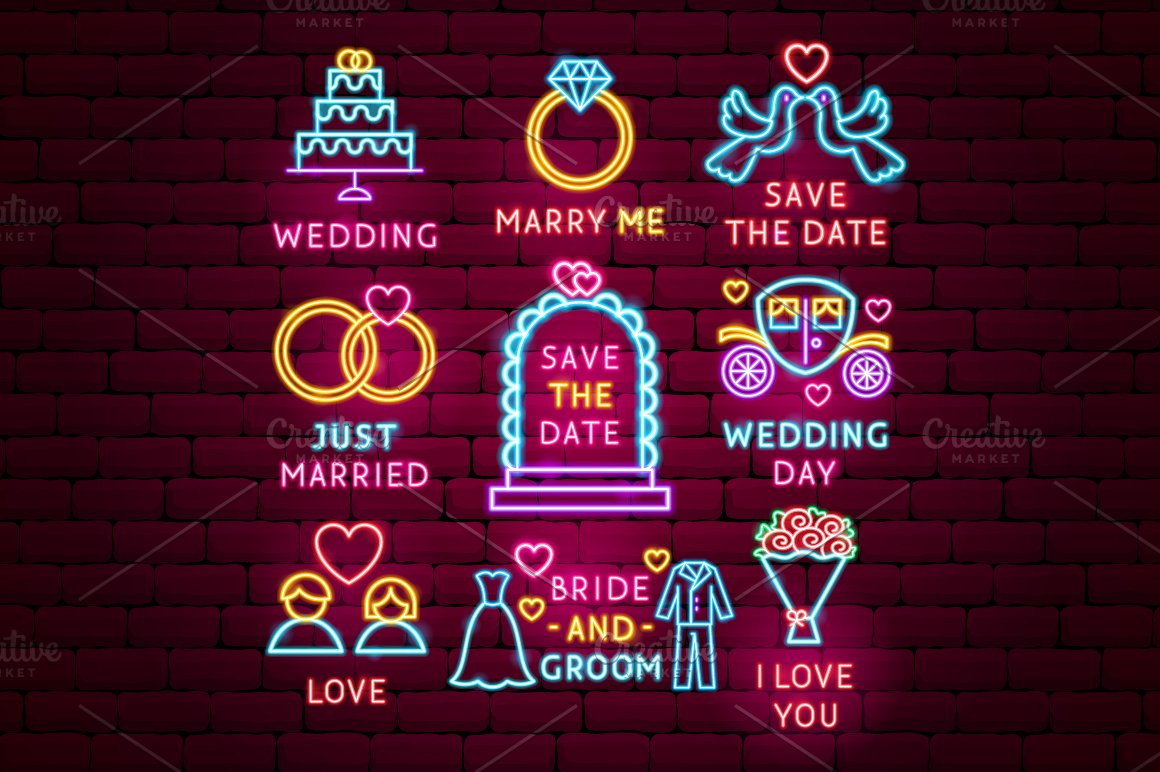 Wedding neon icons.