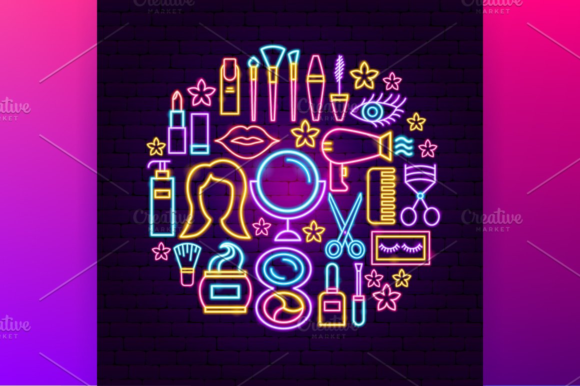 Neon icons on a dark background.