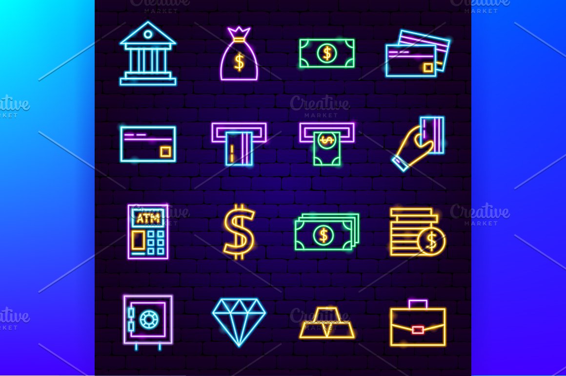 Icons on the theme of the bank in neon.