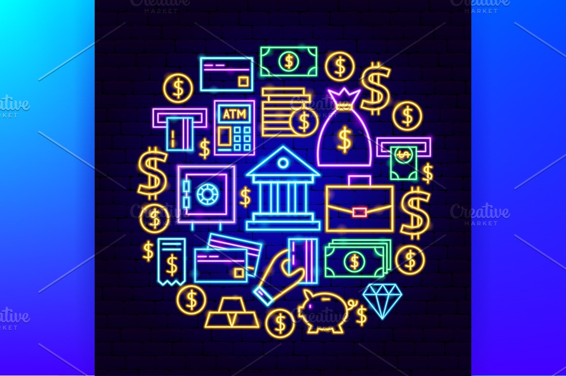 Neon currency icons.