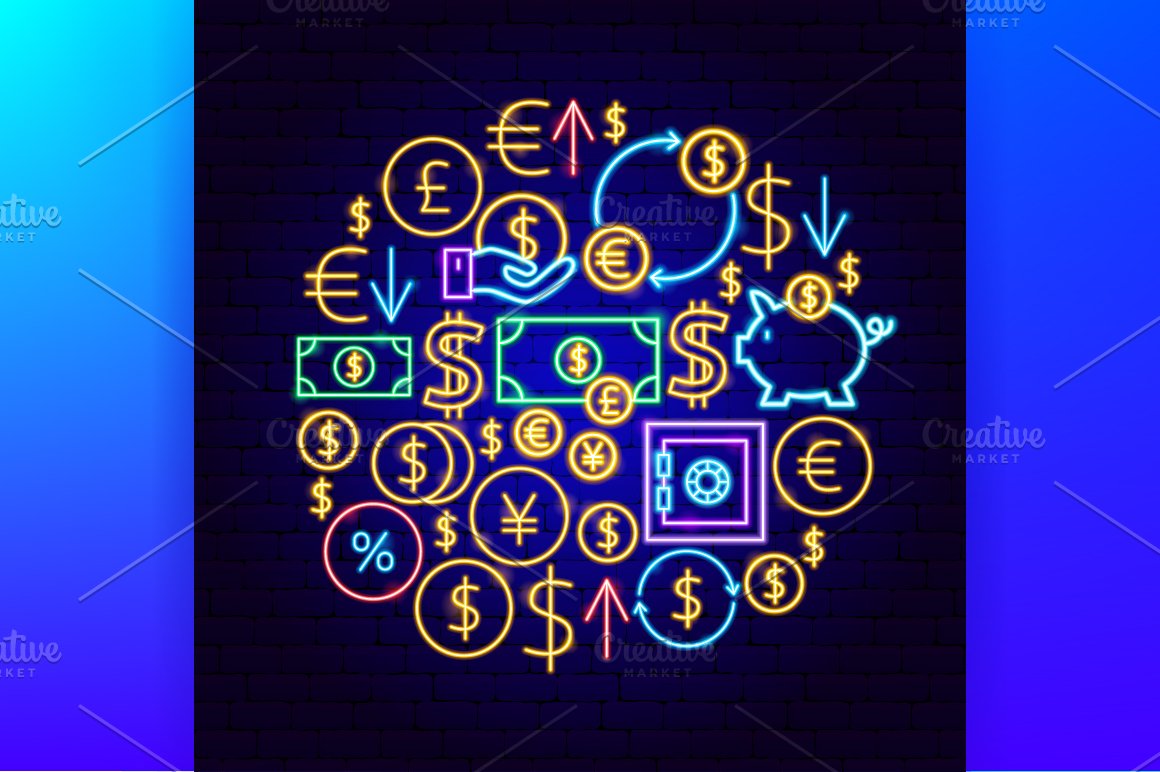 Different currencies icons in neon.