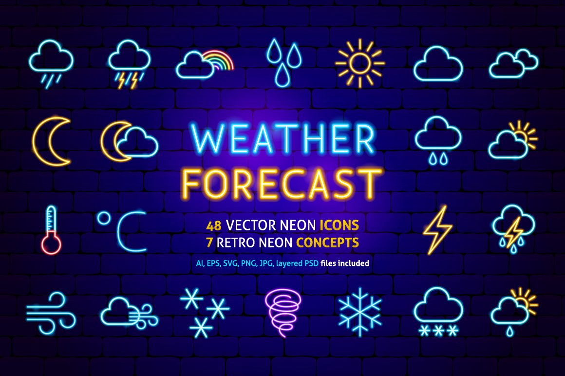 Icons in neon on the theme of weather.