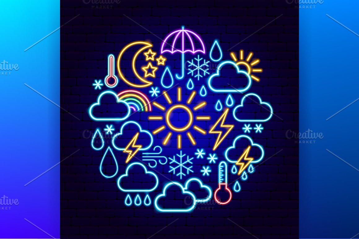 Retro icons on the theme of weather forecast.