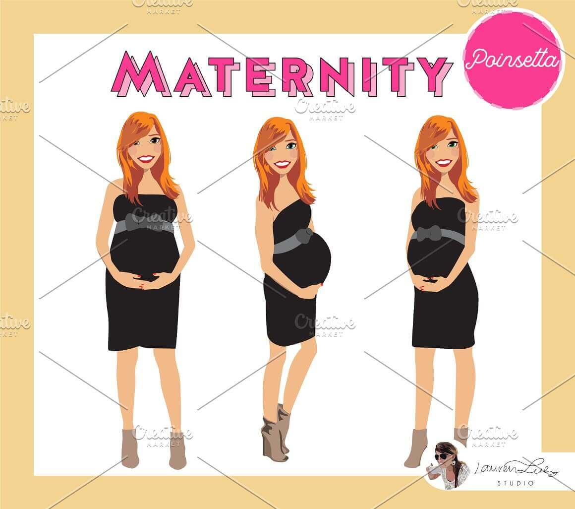 The image of a pregnant girl with red loose hair wearing a black dress.