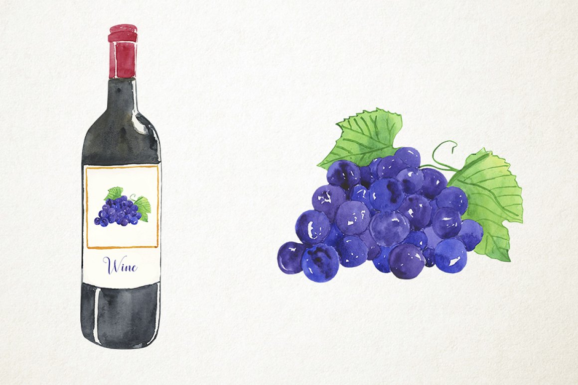 Image of a bottle of wine and purple grapes.