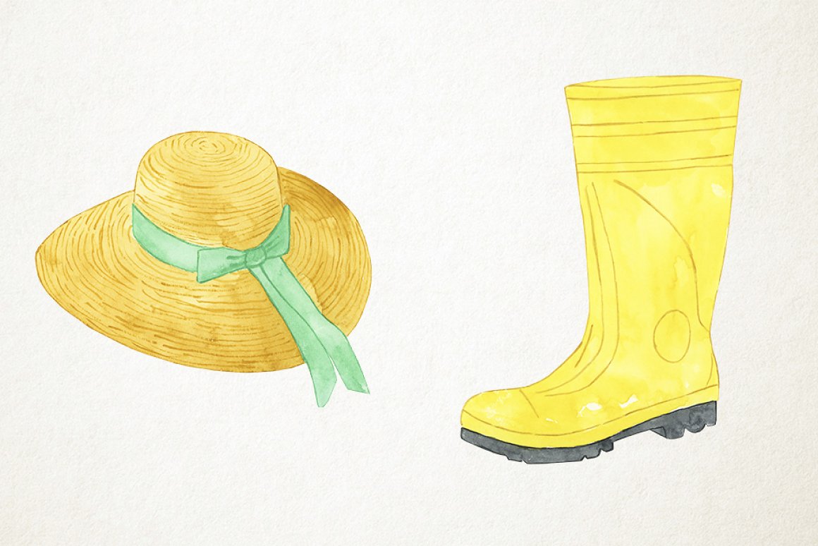 Rubber boots and straw hat.