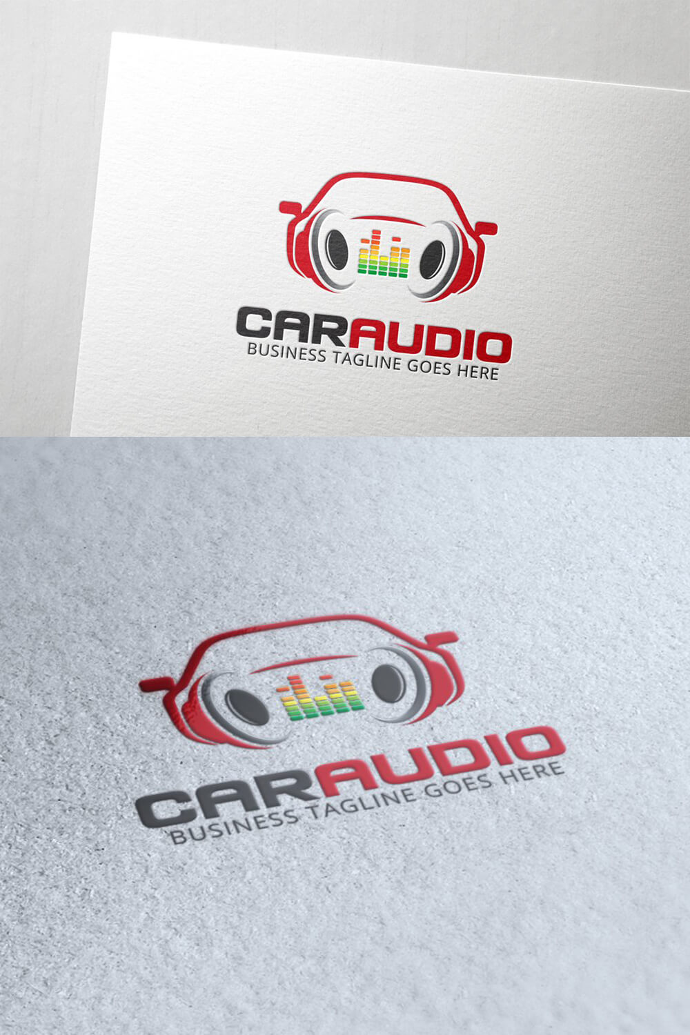 Colored Caraudio logo on white and gray backgrounds.