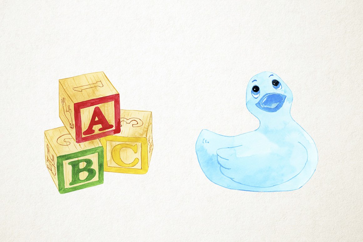 Cubes with letters and a duck.