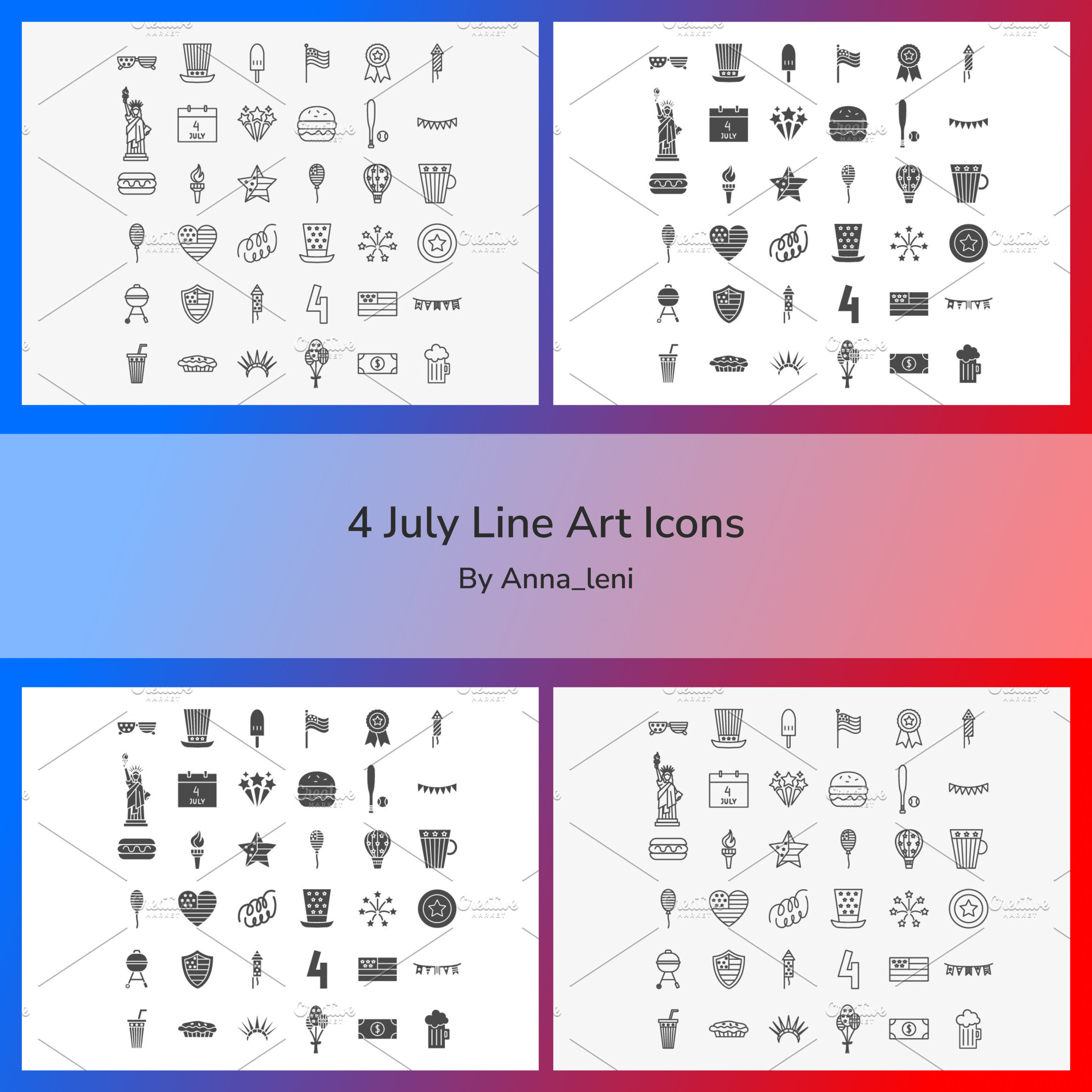 Prints of 4 july line art icons.