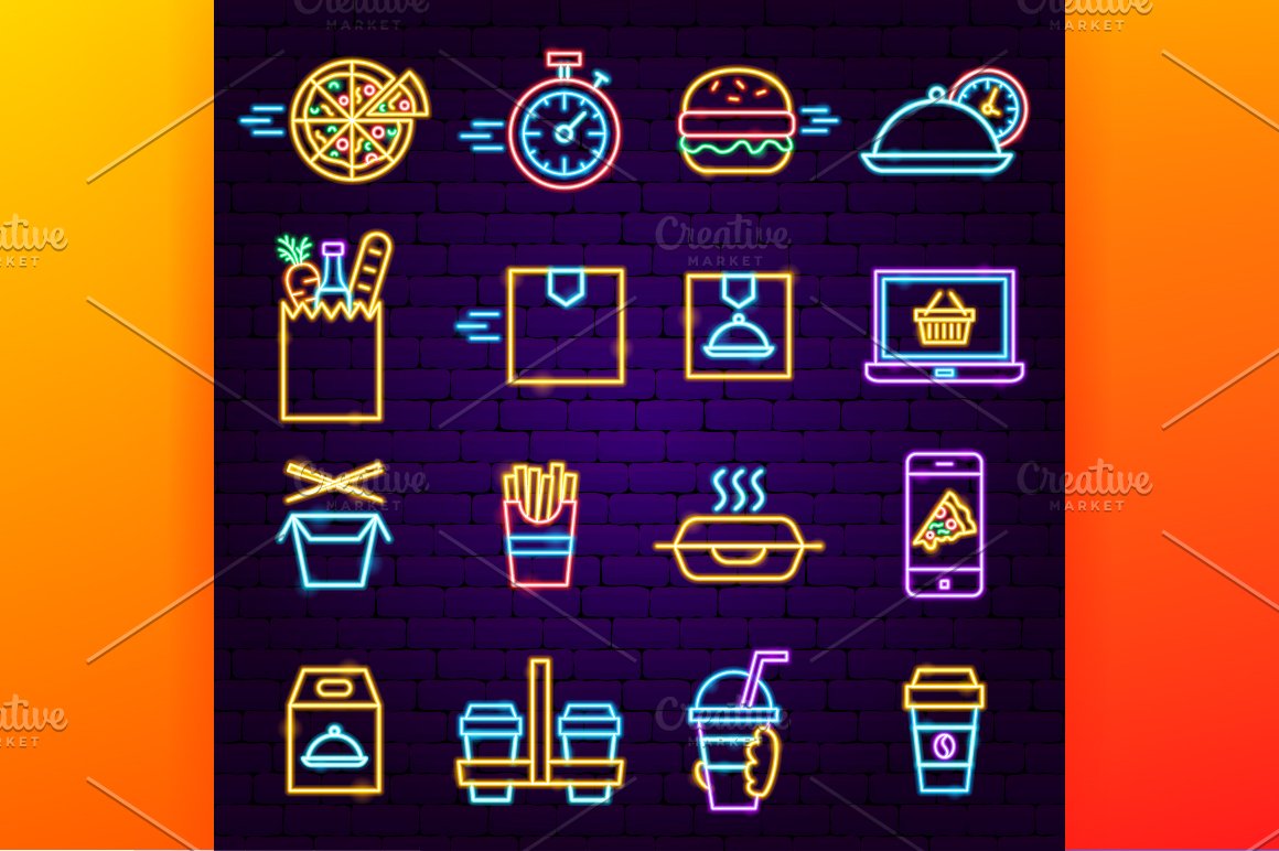 Icons in neon style.