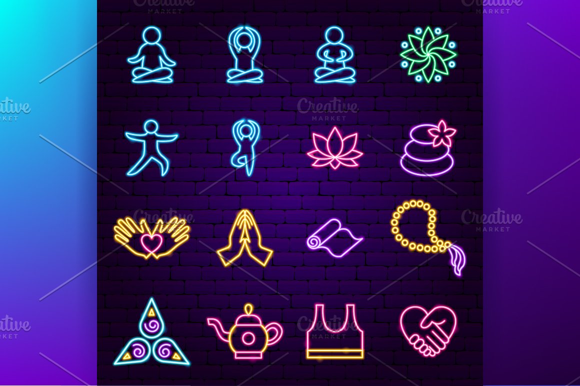 Neon icons on the theme of yoga.