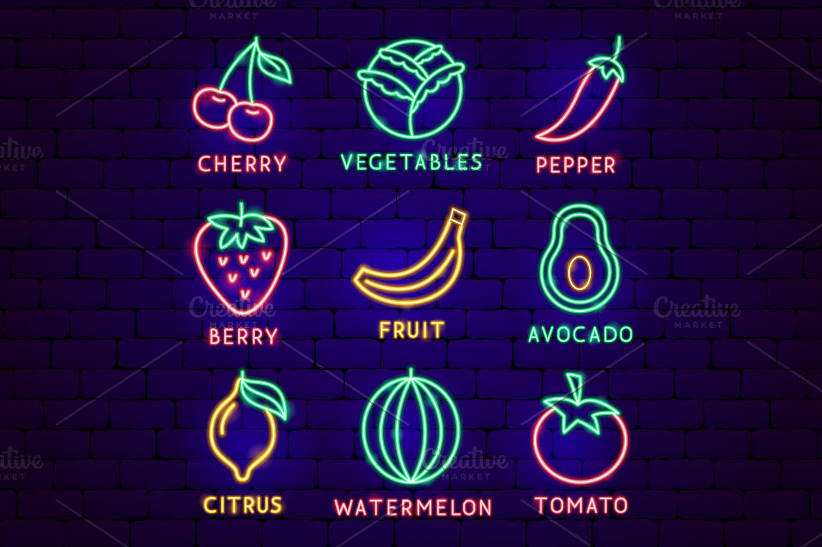 Beautiful fruits made of colored neon.