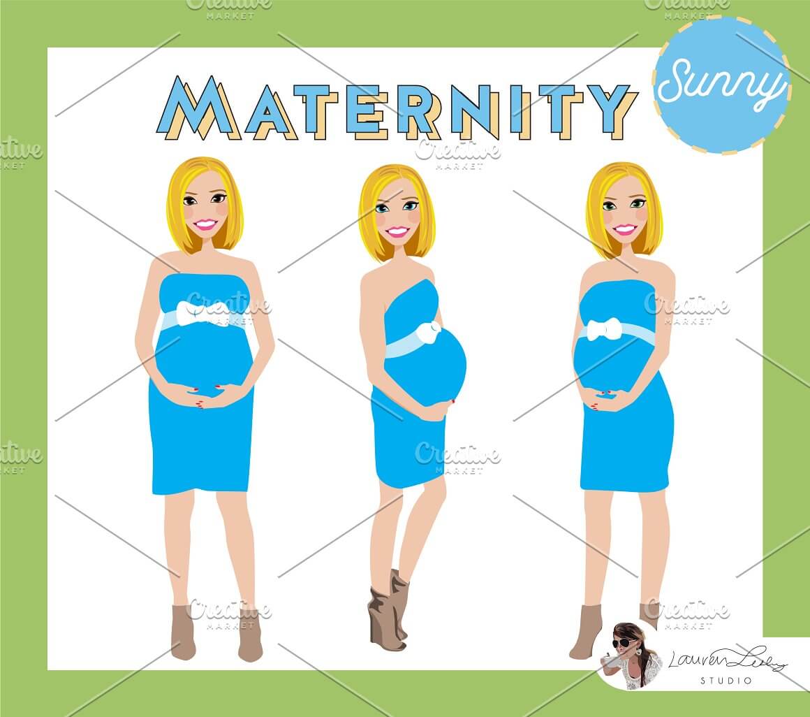 Sky blue dress on a pregnant girl with short hair.