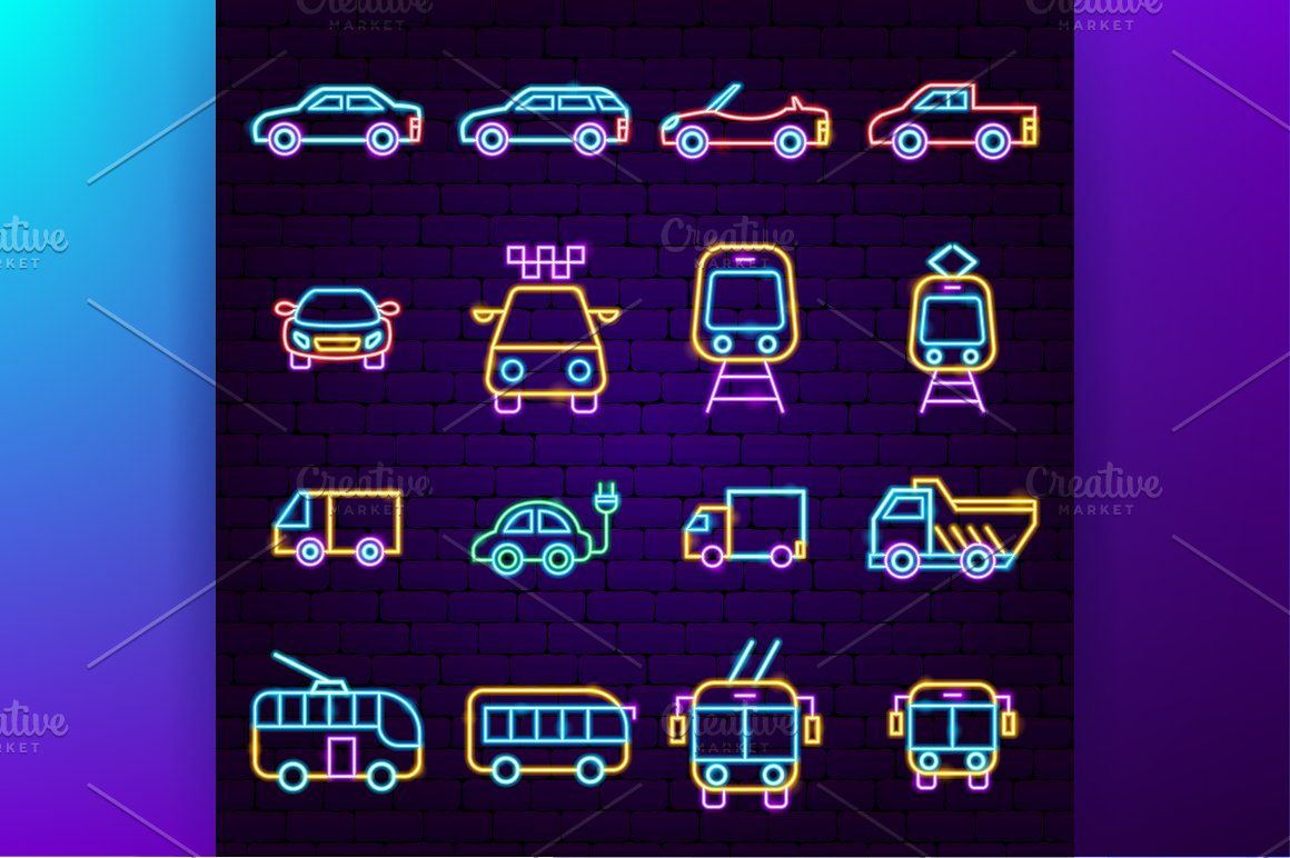 Icons of car, ambulance, trolleybus, bus and others.