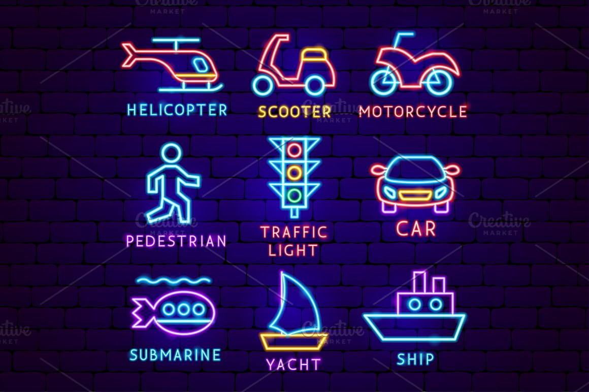 A boat, a car and other things made of neon.