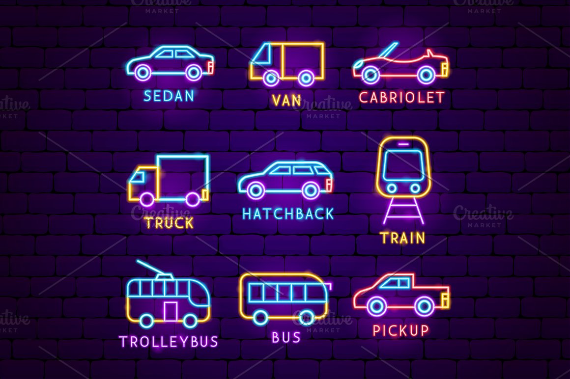 Neon icons with the signature of the type of transport.